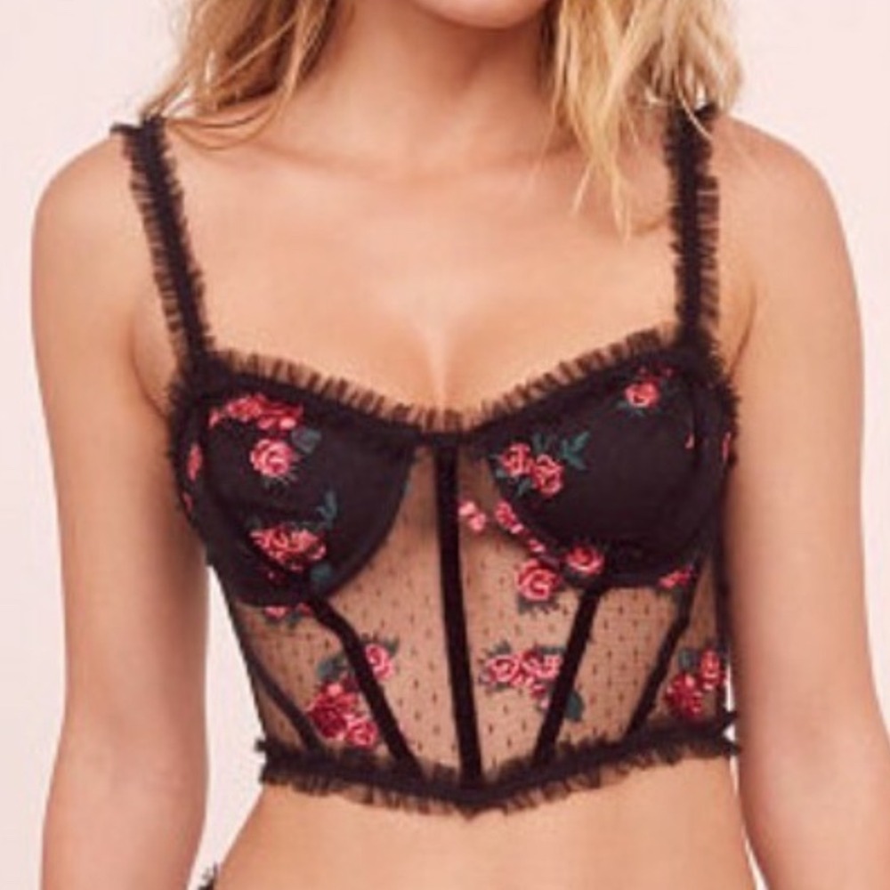 For Love & Lemons Black Red Rose Embroidered Mesh Corset Bustier Crop Top Medium
